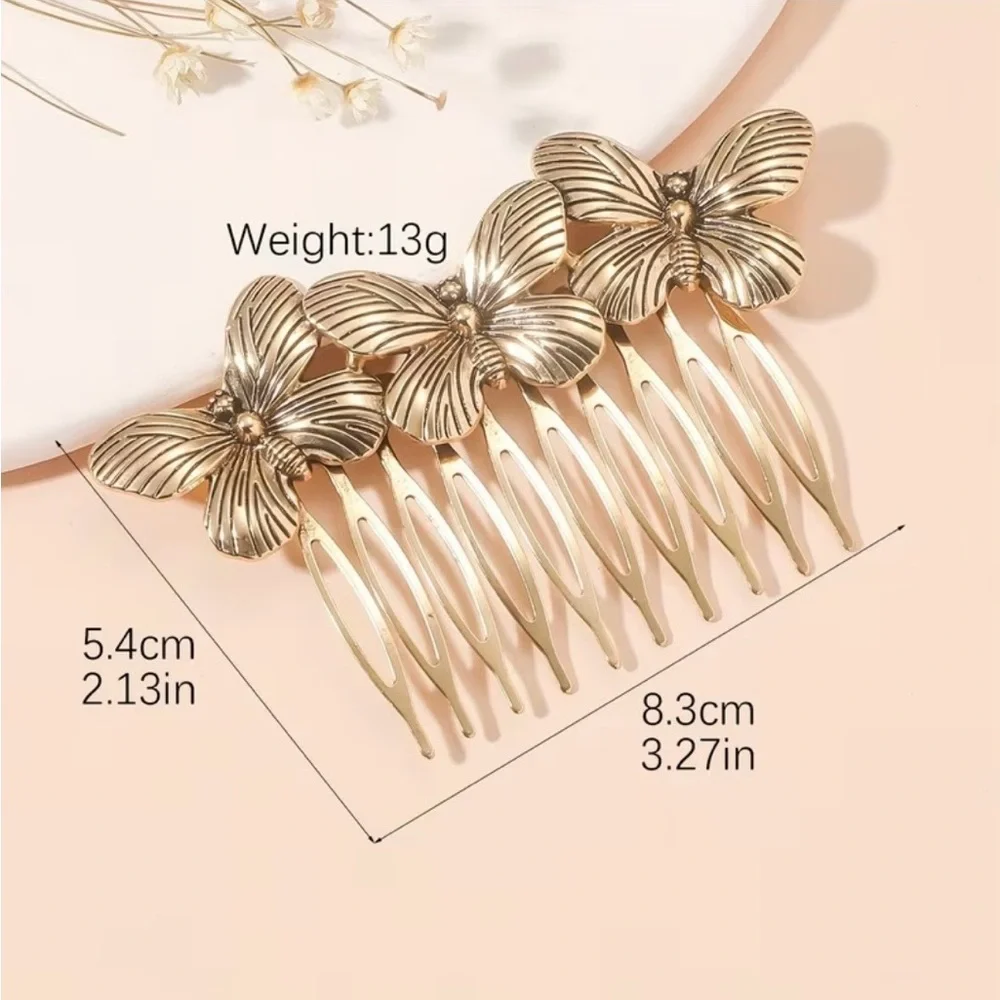 Elegant Floral Hair Comb - Gold Butterfly Accent - Picture 3 of 3